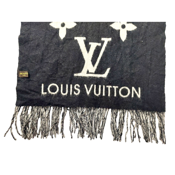 LOUIS VUITTON LV Reykjavik Black & Grey Reversible Cashmere Scarf Pre-Owned $995 - Picture 7 of 16
